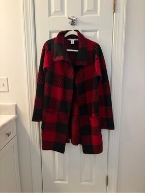 Max Studio Red & Black Plaid Pea Coat